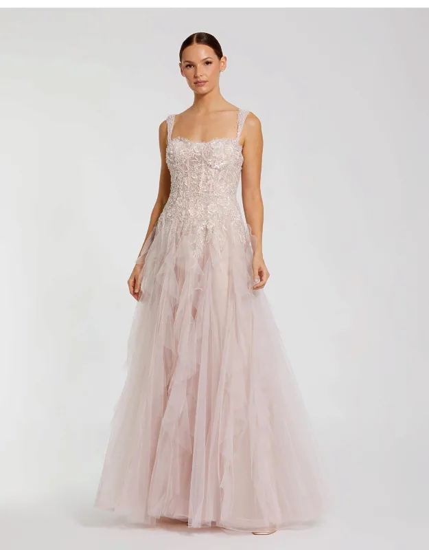 Thin Strap Bustier Tulle Maxi Gown With Ruffle Skirt