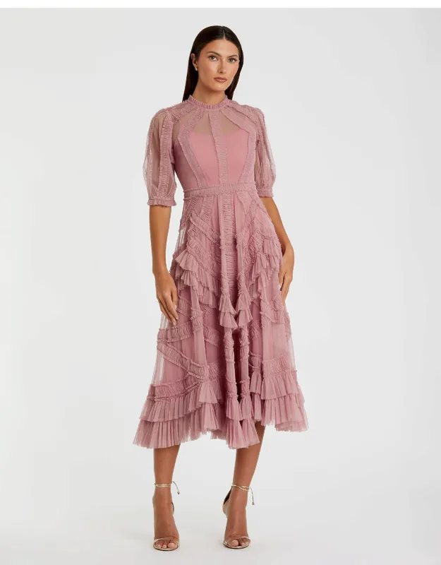 High Neck Micro Ruffle Tiered Midi Dress With Illusion Neckline And Sheer Sleeves