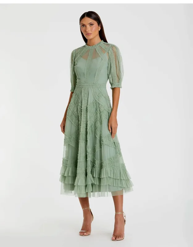Mac Duggal High Neck Midi Dress With Illusion Neckline And Sheer Sleeves