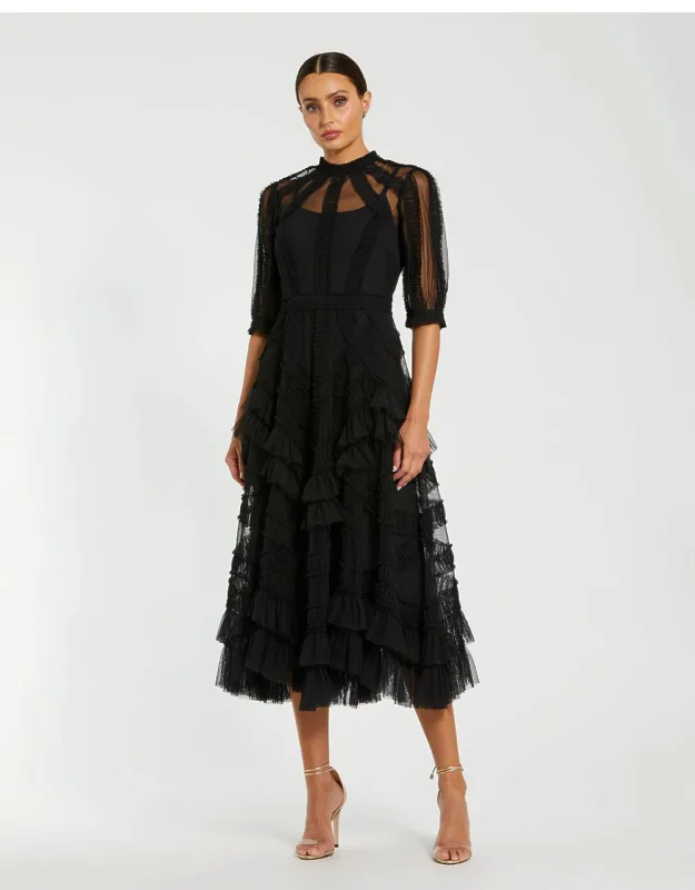 High Neck Micro Ruffle Tiered Midi Dress With Illusion Neckline And Sheer Sleeves