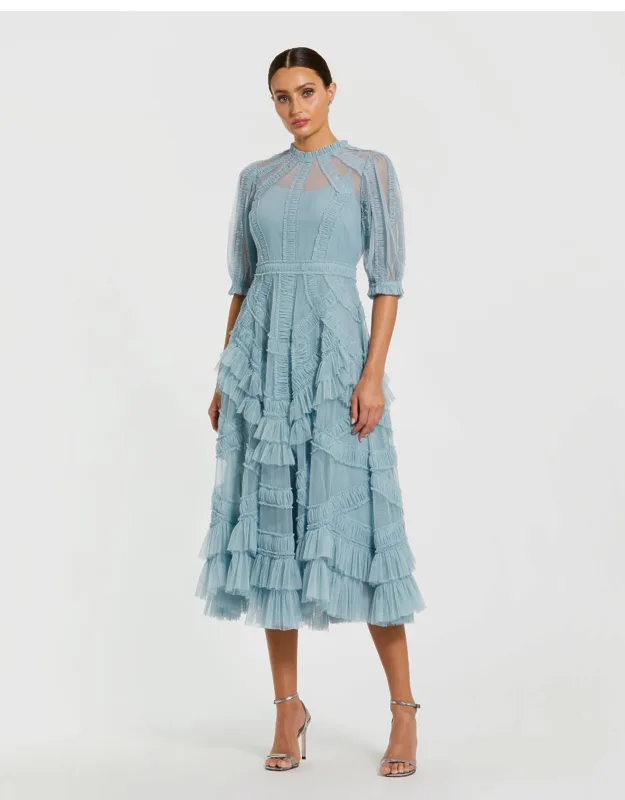 High Neck Micro Ruffle Tiered Midi Dress With Illusion Neckline And Sheer Sleeves