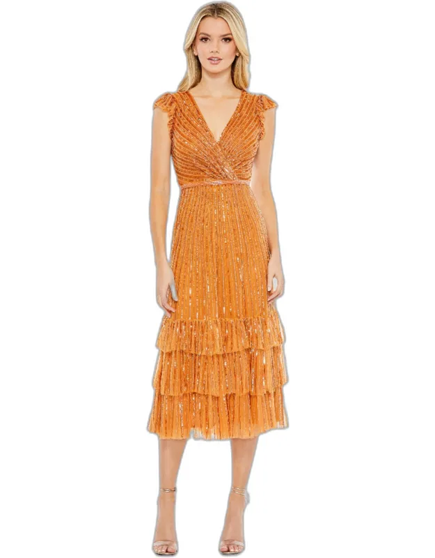 Sequined Wrap Over Cap Sleeve Ruffle Hem Wedding Guest Dress