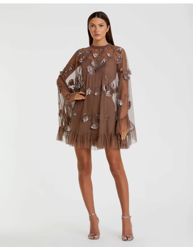 Mac Duggal Embellished Long Flare Sleeve Dress With High Neckline And Concealed Back Zipper