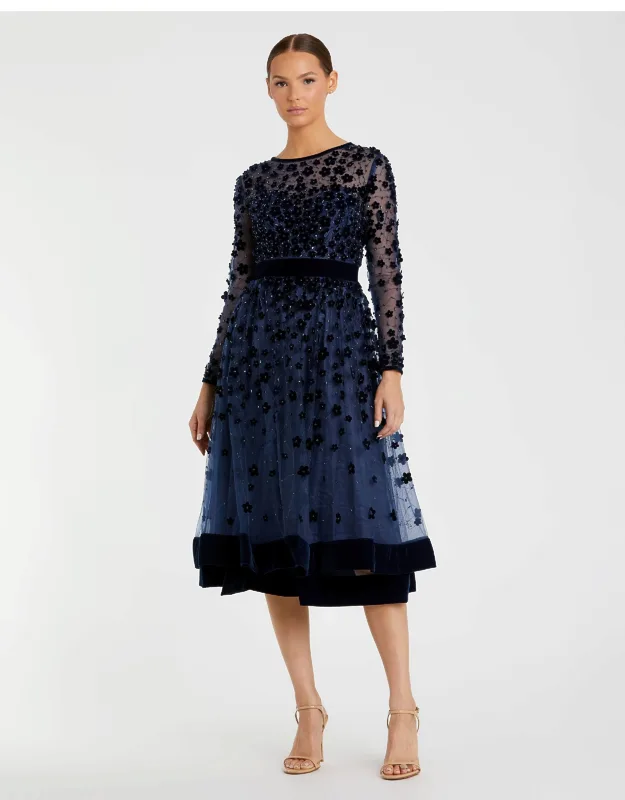 Navy Embellished Illusion High Neck Long Sleeve Fit & Flare Dress With Elegant Tea-length Cocktail Design And Tulle Overlay Skirt