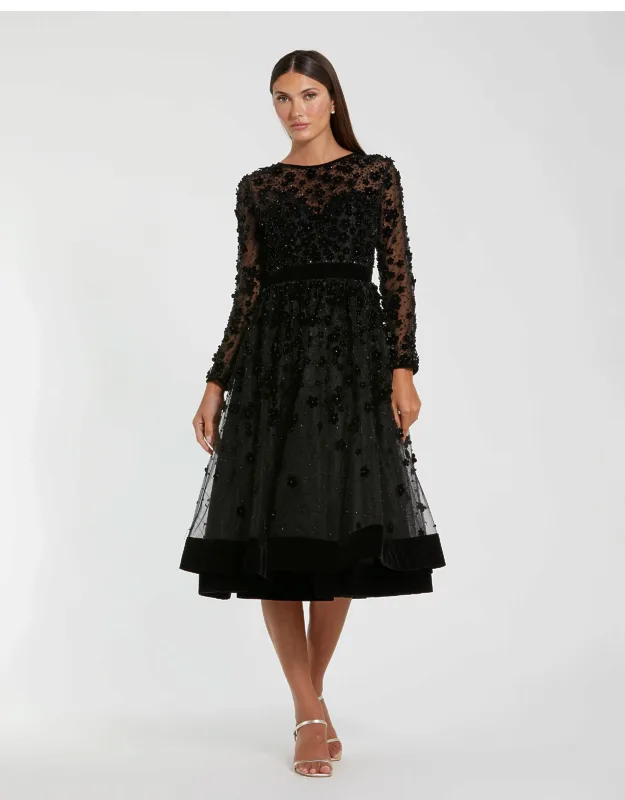 Black Embellished Illusion High Neck Long Sleeve Fit & Flare Dress With Elegant Tea-length Cocktail Design And Tulle Overlay Skirt