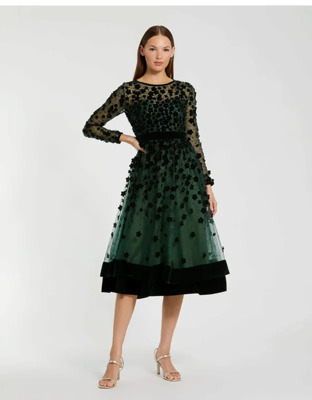 Mac Duggal Embellished Illusion High Neck Dress With Velvet Floral Accents And Tulle Overlay