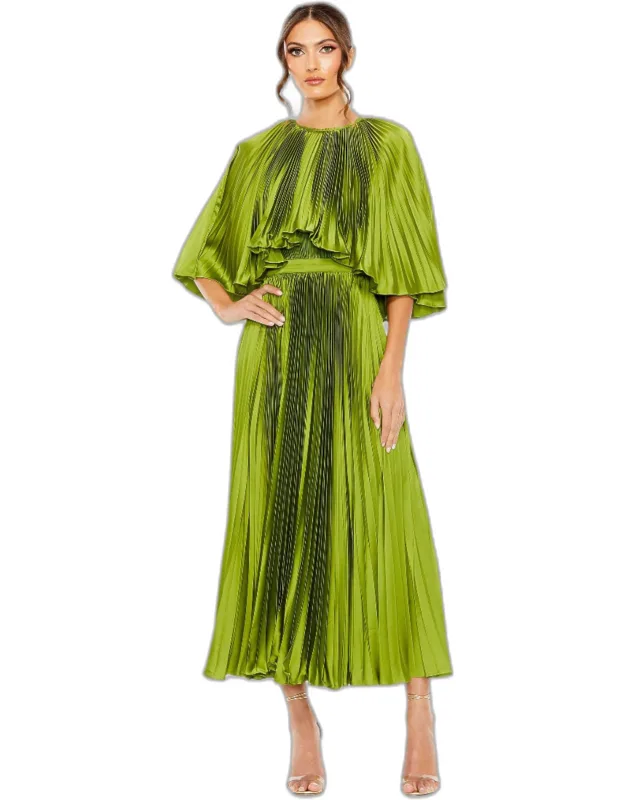 Pleated Caplet Tea-length Dress With High Neckline And Cape Sleeve