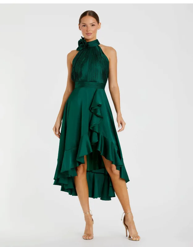 Halter Neck Flower Detail Ruffled Midi Dress With Rosette Neck Detail And Concealed Back Zipper
