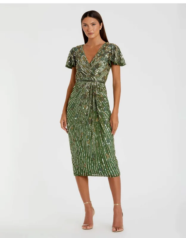 Mac Duggal Green Embellished Faux Wrap Flutter Sleeve Dress With Beaded Waist Detail And Back Vent