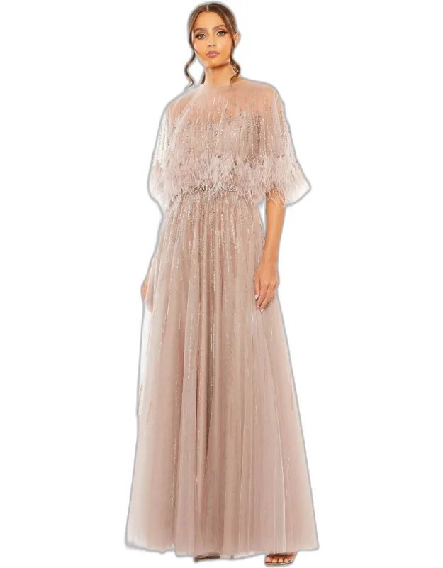 Embellished A Line Wedding Guest Dress With Feather Detail Cape, Fully Lined, High Illusion Neckline