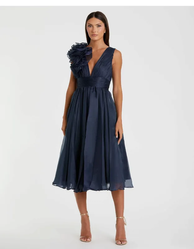 Mac Duggal Blue Sleeveless Chiffon A-line Tea Length Cocktail Dress With Pleated One Shoulder Gown And Thigh-high Front Slit