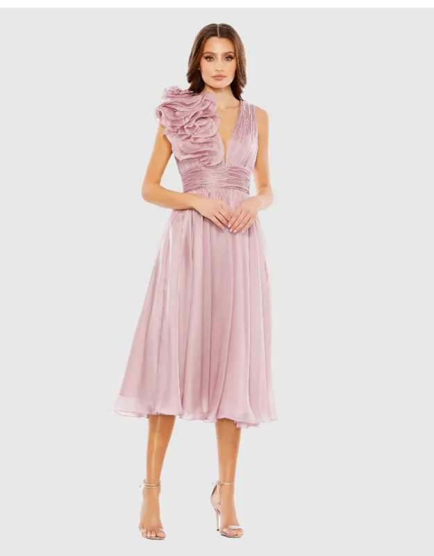 Mac Duggal Sleeveless Chiffon A-line Tea Length Cocktail Dress With Pleated One Shoulder Gown And Sheer Organza Overlay Fabric