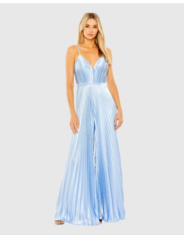 Pleated Plunge Neck Wide Leg Jumpsuit