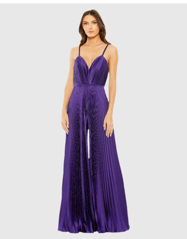 Pleated Plunge Neck Wide Leg Jumpsuit