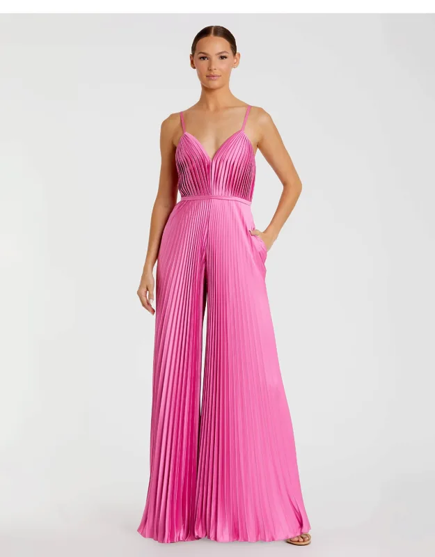 Pleated Plunge Neck Wide Leg Jumpsuit