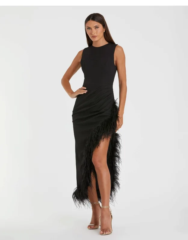 Sleeveless Faux Wrap Wedding Guest Dress With Feather Detail