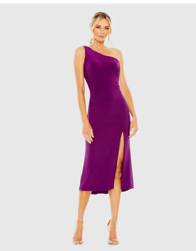 One Shoulder Cowl Back Jersey Wedding Guest Midi Dress