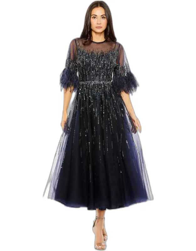 High Neck A-line Tea-length Dress With 3/4 Feather Detail Sleeves