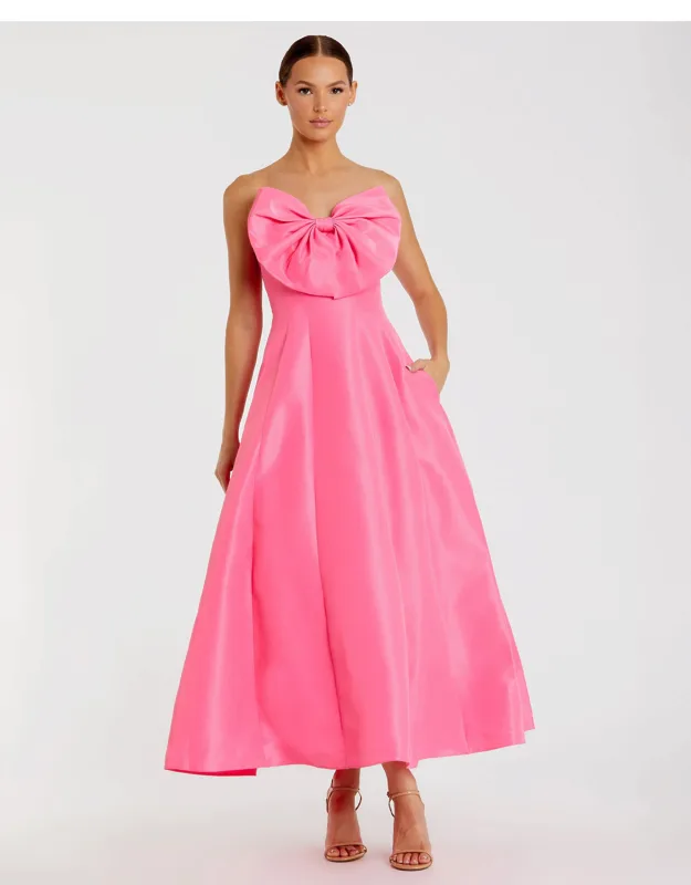 Strapless A-line Tea Length Statement Bow Wedding Guest Dress