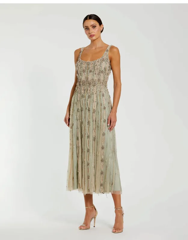 Embellished Mesh Sleeveless Scoop Neck Wedding Guest Midi Dress