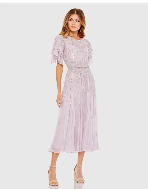 High Neck Sequined Flutter Sleeve Wedding Guest Midi Dress