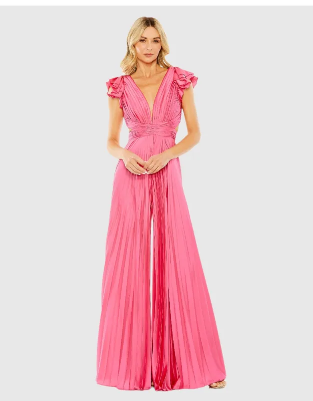 Ruffle Cap Sleeve Cutout Heat Pleated Jumpsuit