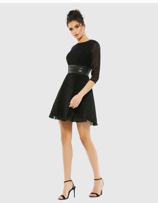 "ieena For Mac Duggal Pleated Mini Dress With Embellished Waist And Elbow-length Sleeves"