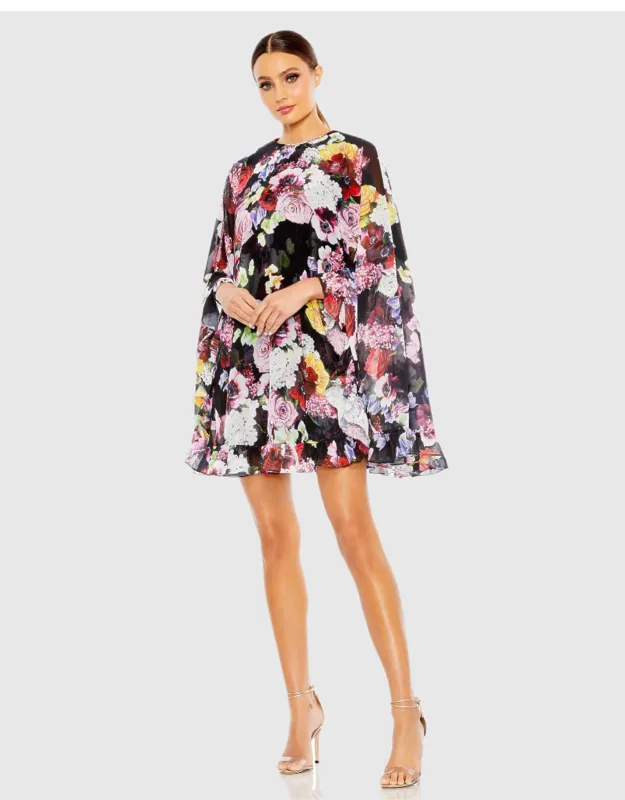 Black Multicolor Floral Print High Neck Ruffle Hem Cape Mini Dress With Wing Sleeves And Ruffled Hem