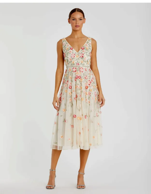 Mac Duggal V-neck Sleeveless Midi Dress With Floral Embroidery And Beading