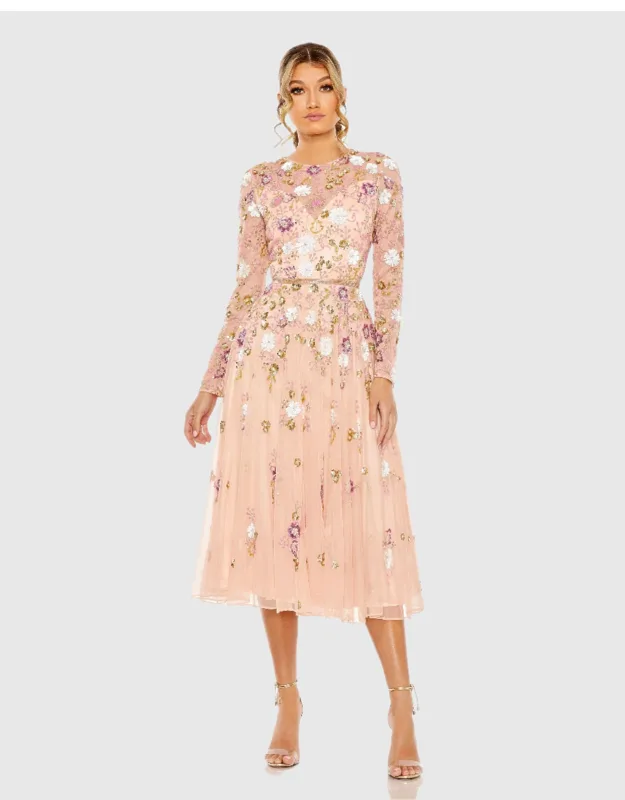 Sequined Floral Long Sleeve High Neck Midi Dress