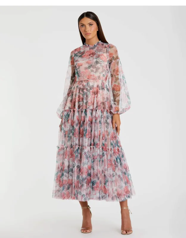 High Neck Long Balloon Sleeve Midi Dress