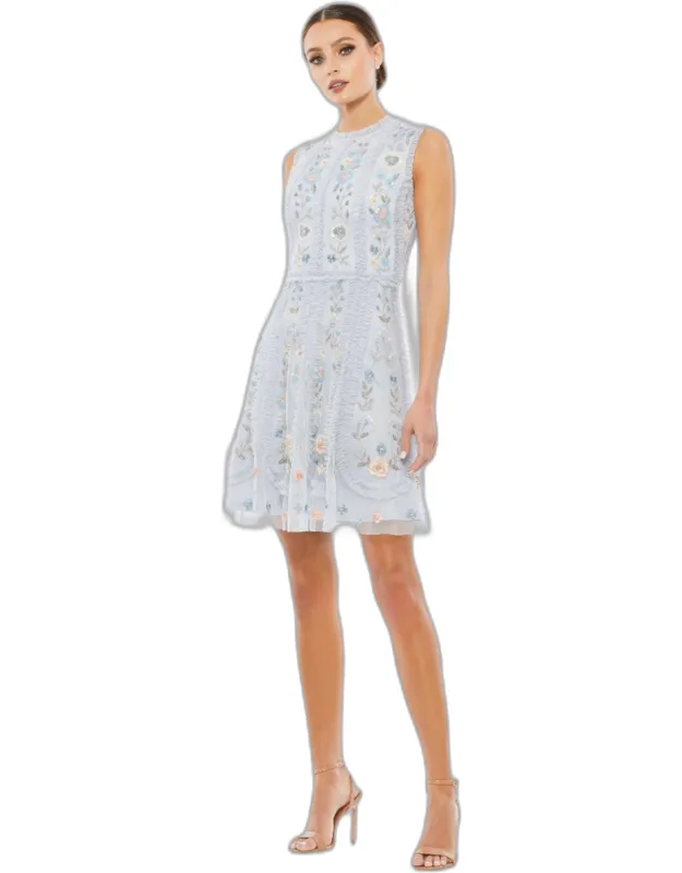Sleeveless High Neck Embroidered Wedding Guest Mini Dress