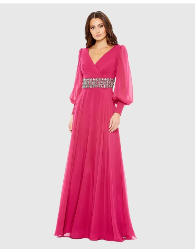 Mac Duggal Pink Bishop Sleeve Wrap Over Belt Detail Flowy Maxi Gown