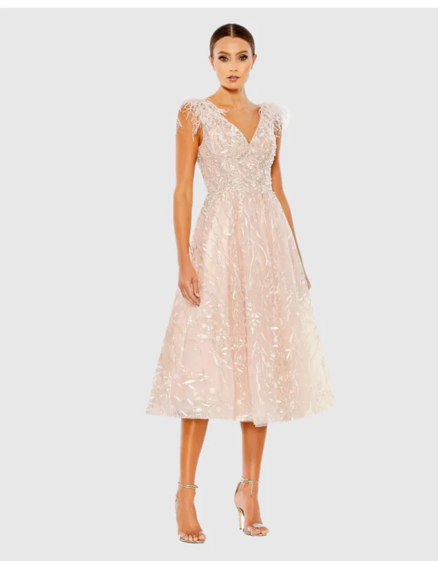 Embroidered Sleeveless Feather Detail Midi Dress