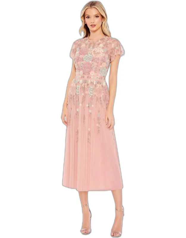 Embellished Illusion High Neck Butterfly Sleeve Midi Dress