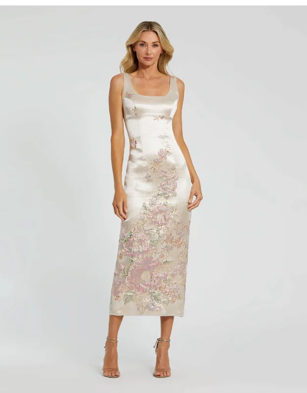 Slim Strap Scoop Neck Bustier Brocade Wedding Guest Midi Dress