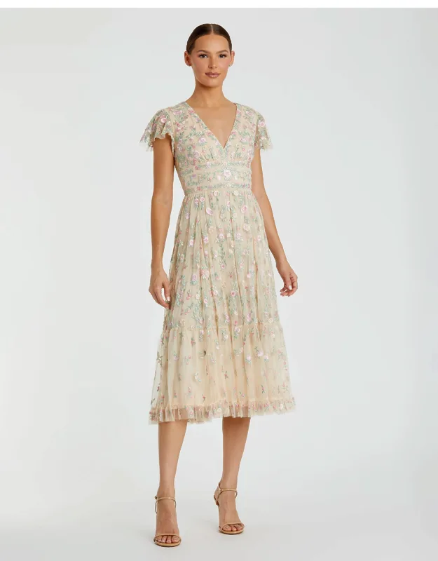 "embroidered V Neck Cap Sleeve Midi Dress With Floral Detailing And Ruffle Hem"