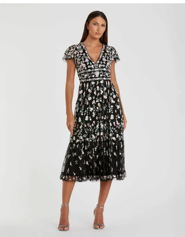 Embroidered V Neck Cap Sleeve Midi Dress With Ruffle Hem And Floral Detailing