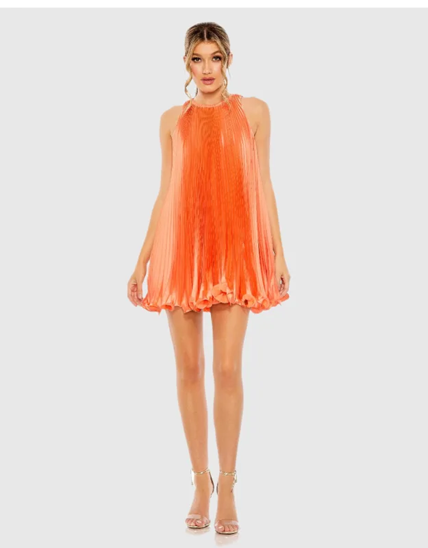 Orange Pleated Halter Neck Flowy Mini Trapeze Dress With Concealed Back Zipper