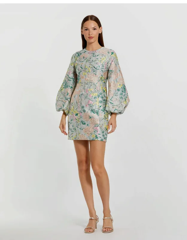 Floral Brocade Puff Sleeve Fitted Wedding Guest Mini Dress