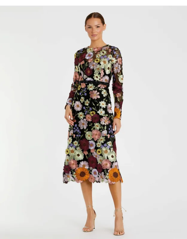 High Neck Floral Embroidered A-line Wedding Guest Dress