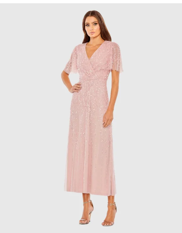 Pink Beaded Wrap Over Butterfly Sleeve Column Dress With Elegant Beaded Design And Flattering Column Silhouette