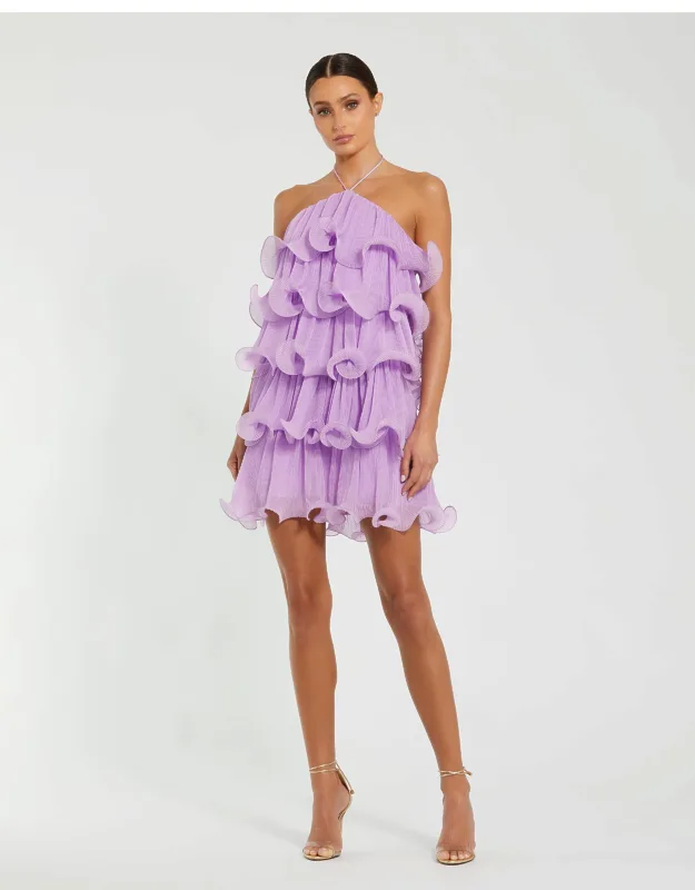 Crinkle Chiffon Tiered Ruffle Halter Mini Dress