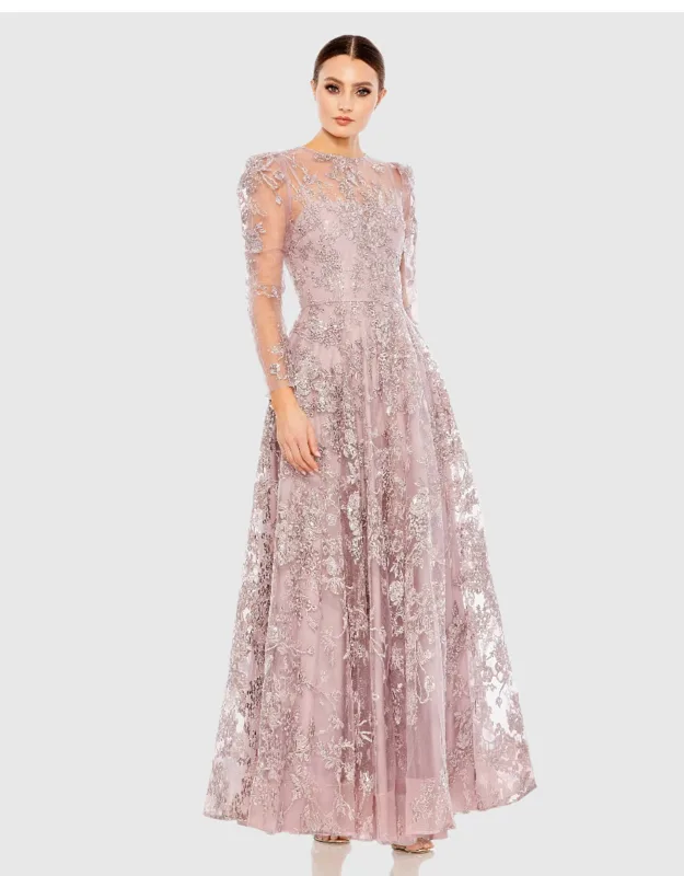 Mac Duggal Embroidered Illusion High Neck A Line Dress With Floral Embroidery And Beaded Embellishments