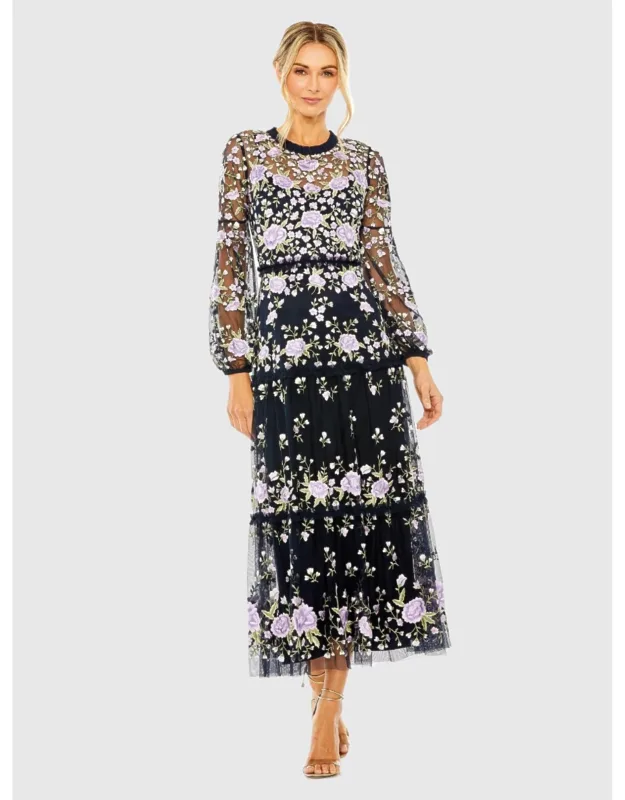 Embroidered Puff Sleeve Tiered Wedding Guest Dress