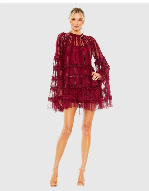 Mac Duggal High Neck Ruffle Bell Sleeve Trapeze Dress With Sheer Unlined Sleeves And Concealed Back Zipper