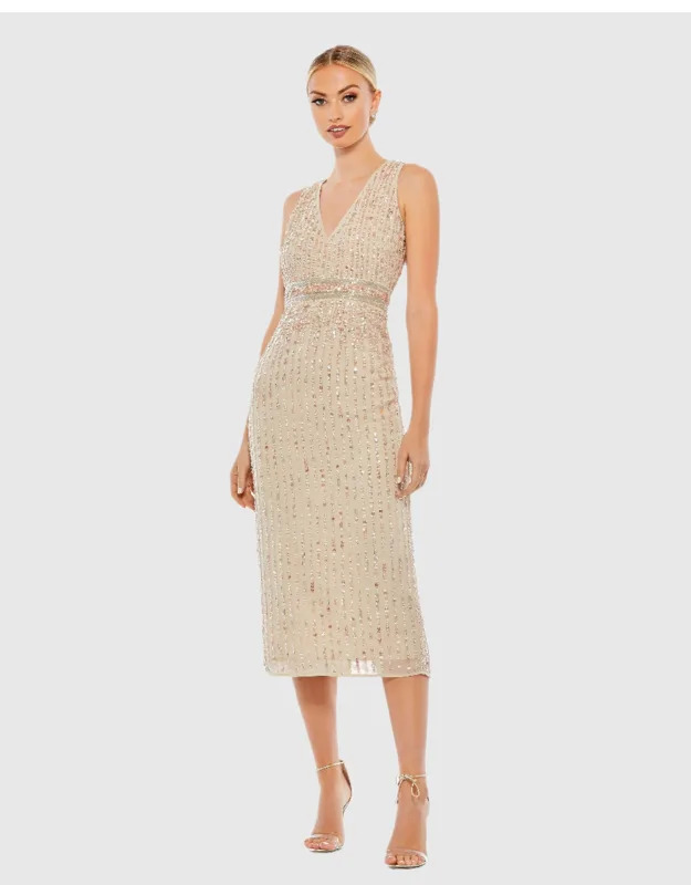 Sequined Sleeveless V-neck Midi Sheath Dress