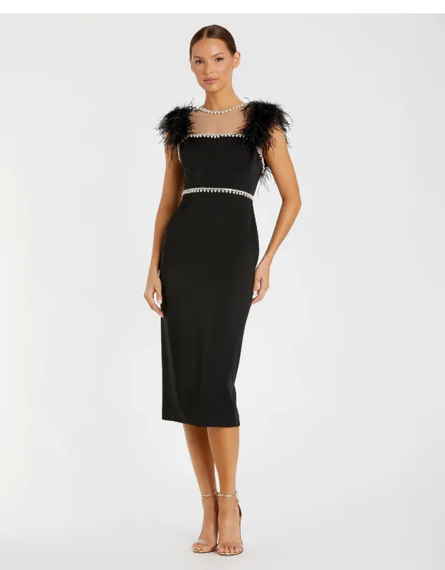 Mac Duggal Black Feather Cap Sleeve Embellished Tea-length Fit Dress With Illusion Neckline And Rhinestone Detailing