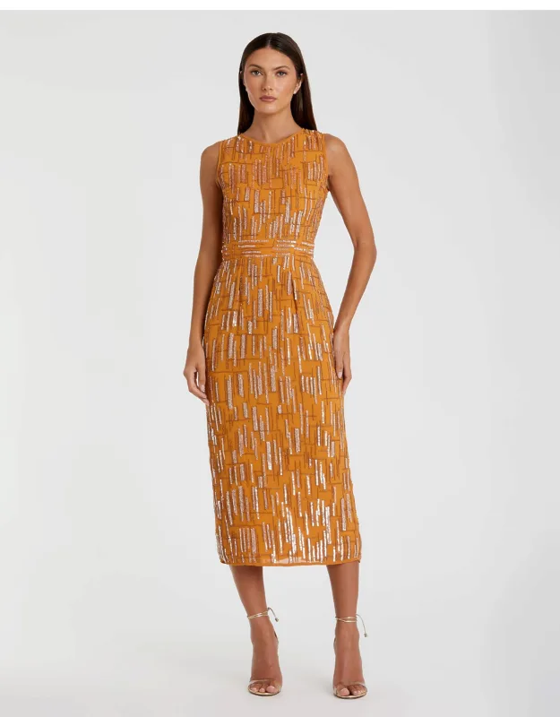 Abstract Beaded Sleeveless Midi Sheath Wedding Guest Dress