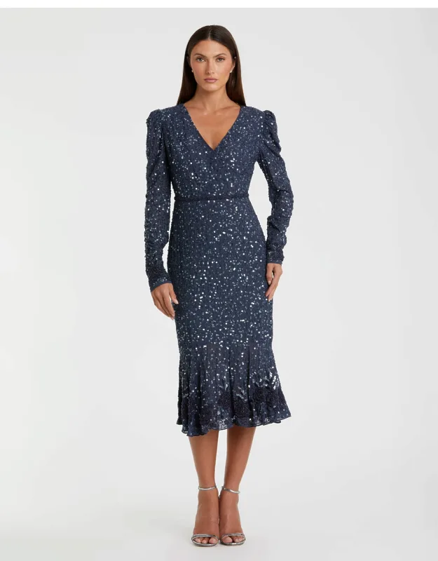 Mac Duggal Blue Sequin Dress With Trumpet Hem And Hand-beaded Detail